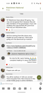 An image of a post by Charles Pellien to the national Watchmen telegram group, "NY Watchmen have about 20 going. You may not recognize them because they are also members of the proud boys [sic]. If you see anything that says Buffalo NY, just know that they are Watchmen also.