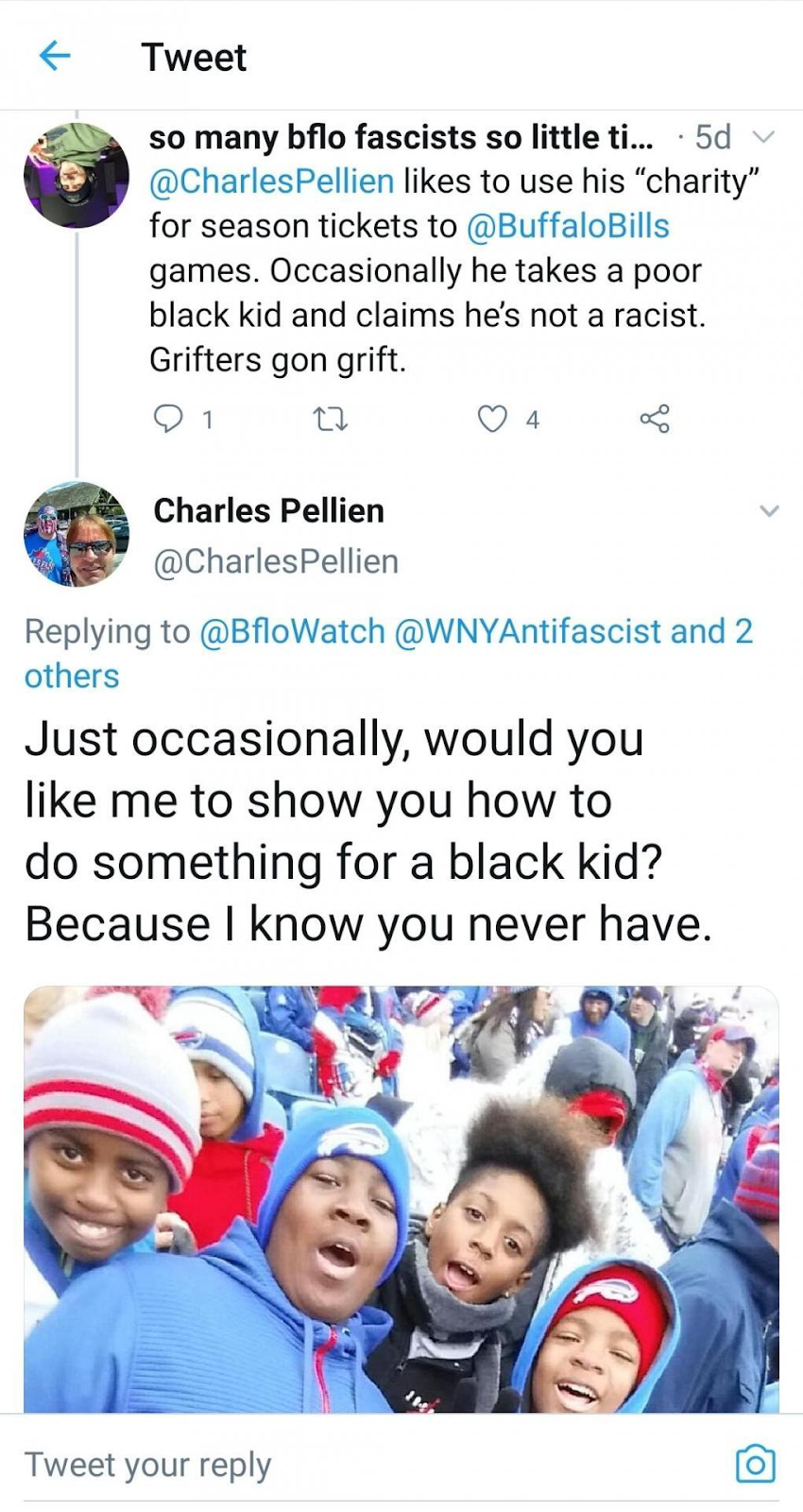 A tweet from Charles Pellien that reads, "Just occasionally, would you like me to show you how to do something for a black kid? Because I know you never have."